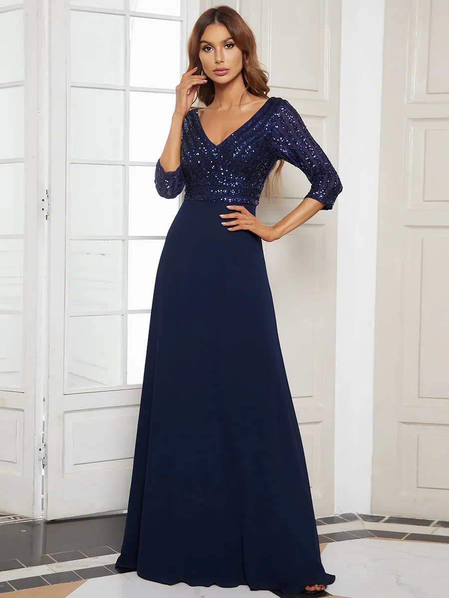 Sexy V Neck A-Line Sequin Wholesale Evening Dresses With 3/4 Sleeve
