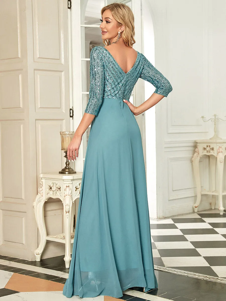 Sexy V Neck A-Line Sequin Wholesale Evening Dresses With 3/4 Sleeve