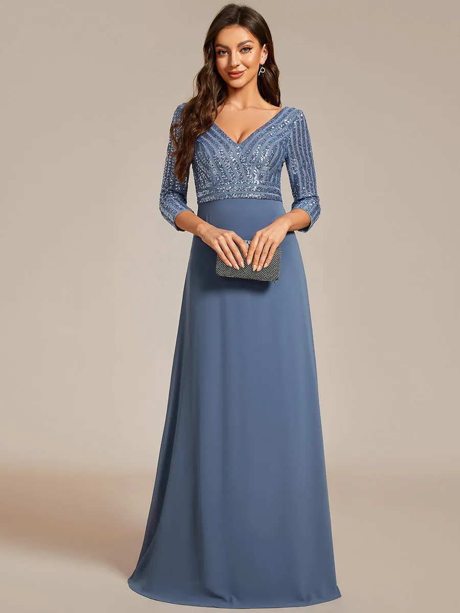 Sexy V Neck A-Line Sequin Wholesale Evening Dresses With 3/4 Sleeve