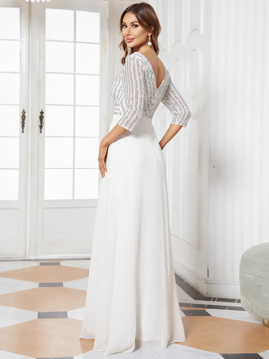 Sexy V Neck A-Line Sequin Wholesale Evening Dresses With 3/4 Sleeve