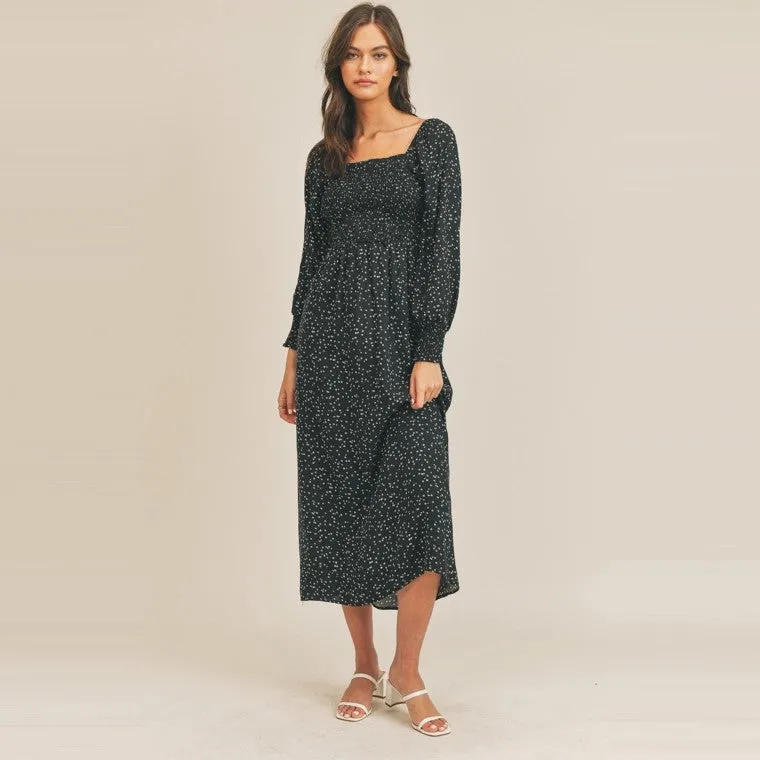 Smocked Print Ditsy Floral Midi Dress (Black)