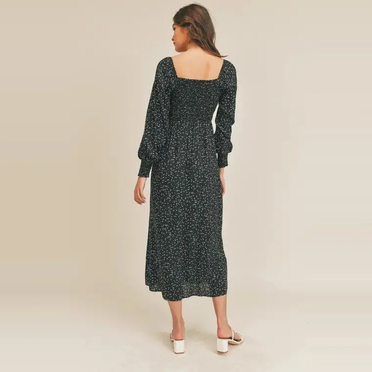 Smocked Print Ditsy Floral Midi Dress (Black)