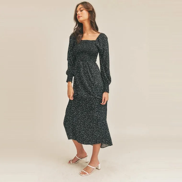 Smocked Print Ditsy Floral Midi Dress (Black)