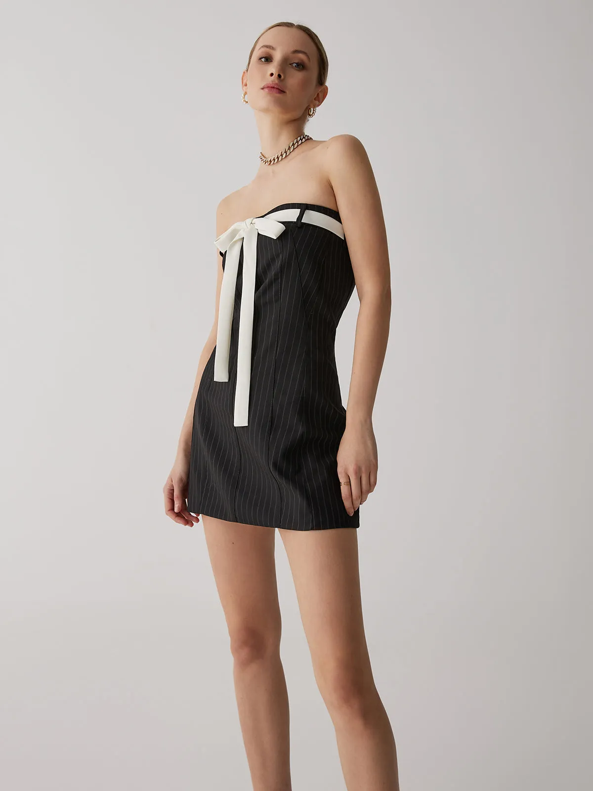 Stripes White Graceful Bow Short Dress