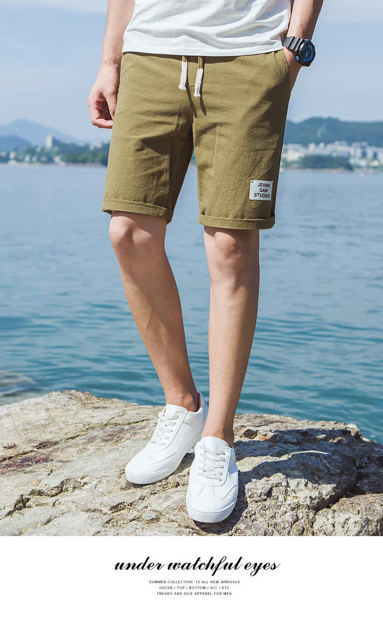 Summer Cotton Shorts Men Beach Pants Trendy Loose Casual Minimalist Label Mid-Length Shorts