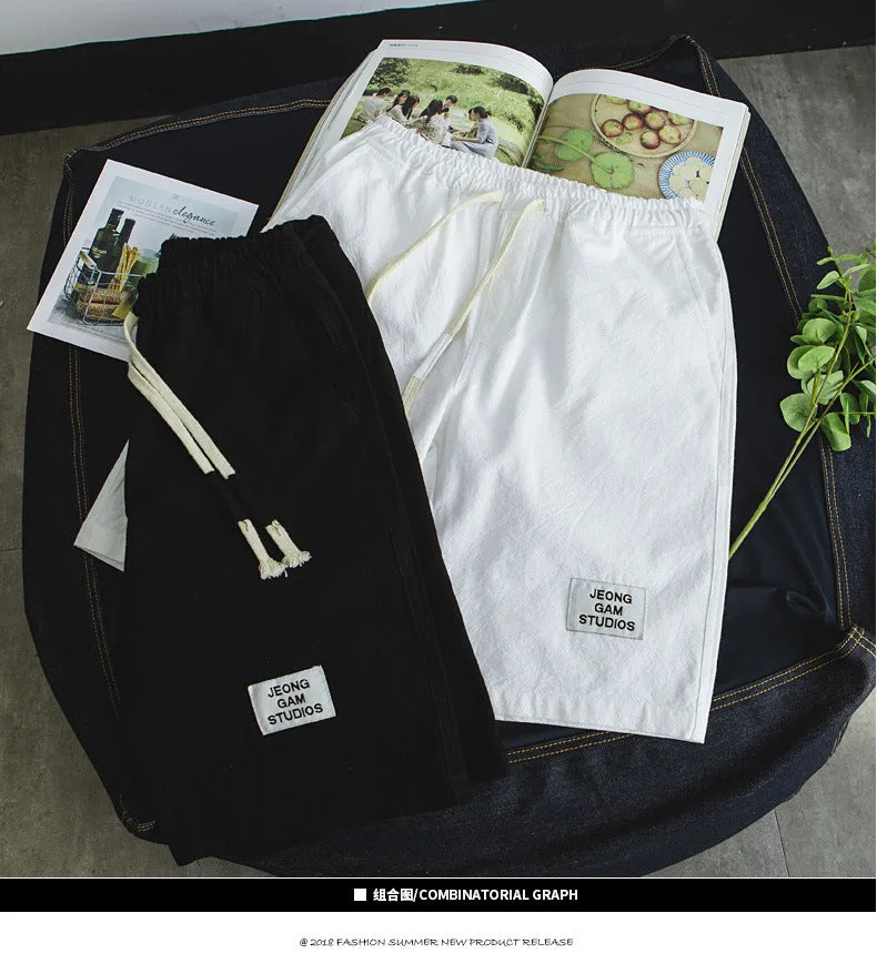 Summer Cotton Shorts Men Beach Pants Trendy Loose Casual Minimalist Label Mid-Length Shorts