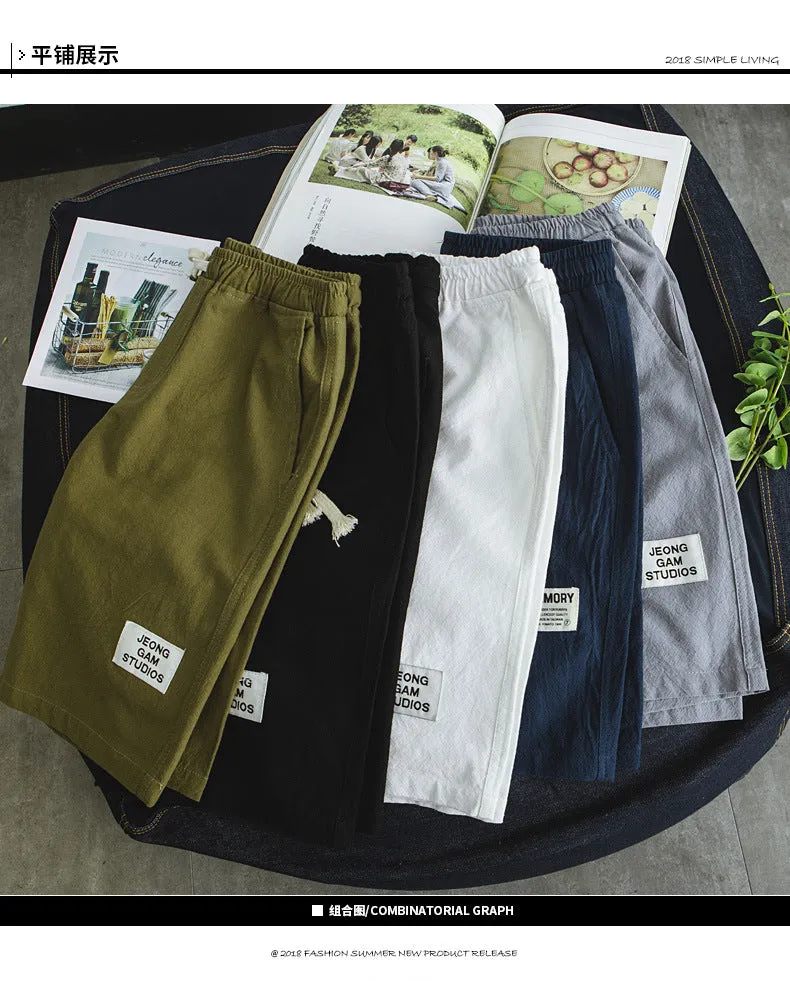 Summer Cotton Shorts Men Beach Pants Trendy Loose Casual Minimalist Label Mid-Length Shorts