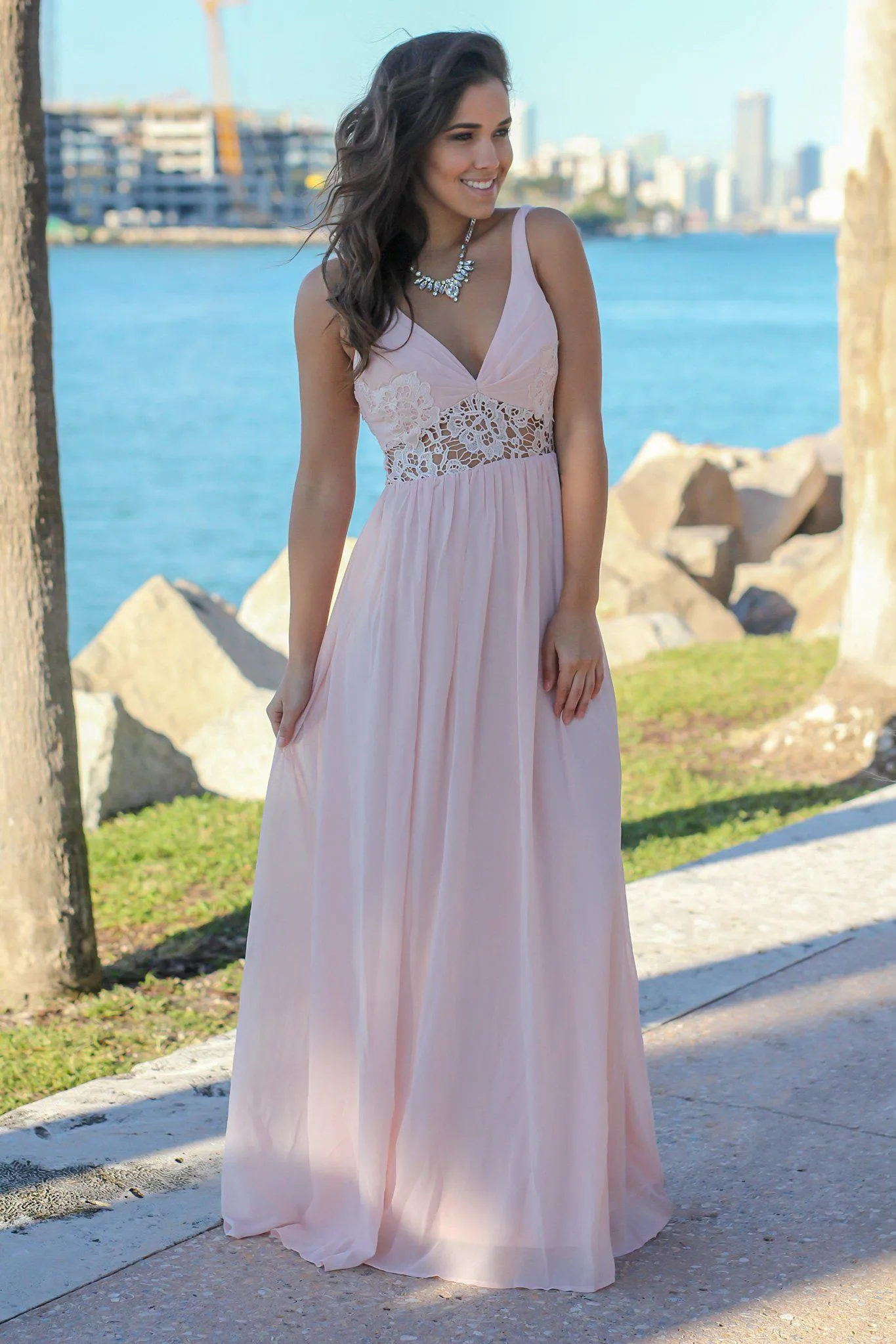 Tea Rose V-Neck Maxi Dress with Lace