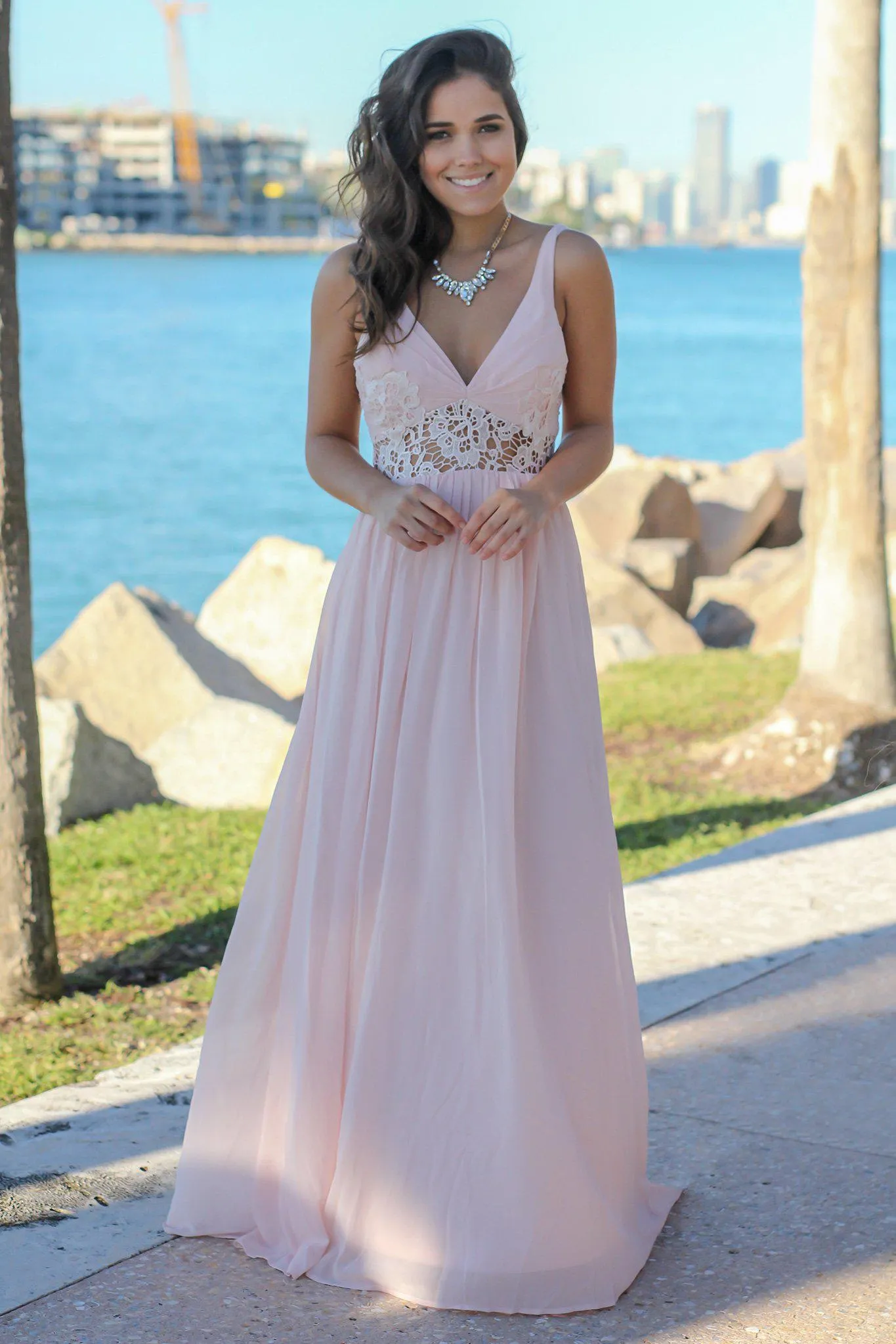 Tea Rose V-Neck Maxi Dress with Lace