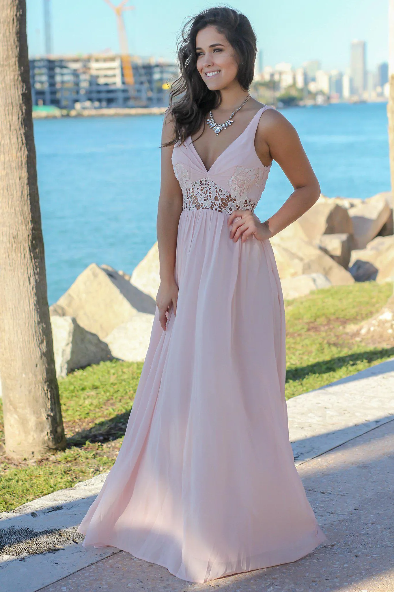 Tea Rose V-Neck Maxi Dress with Lace