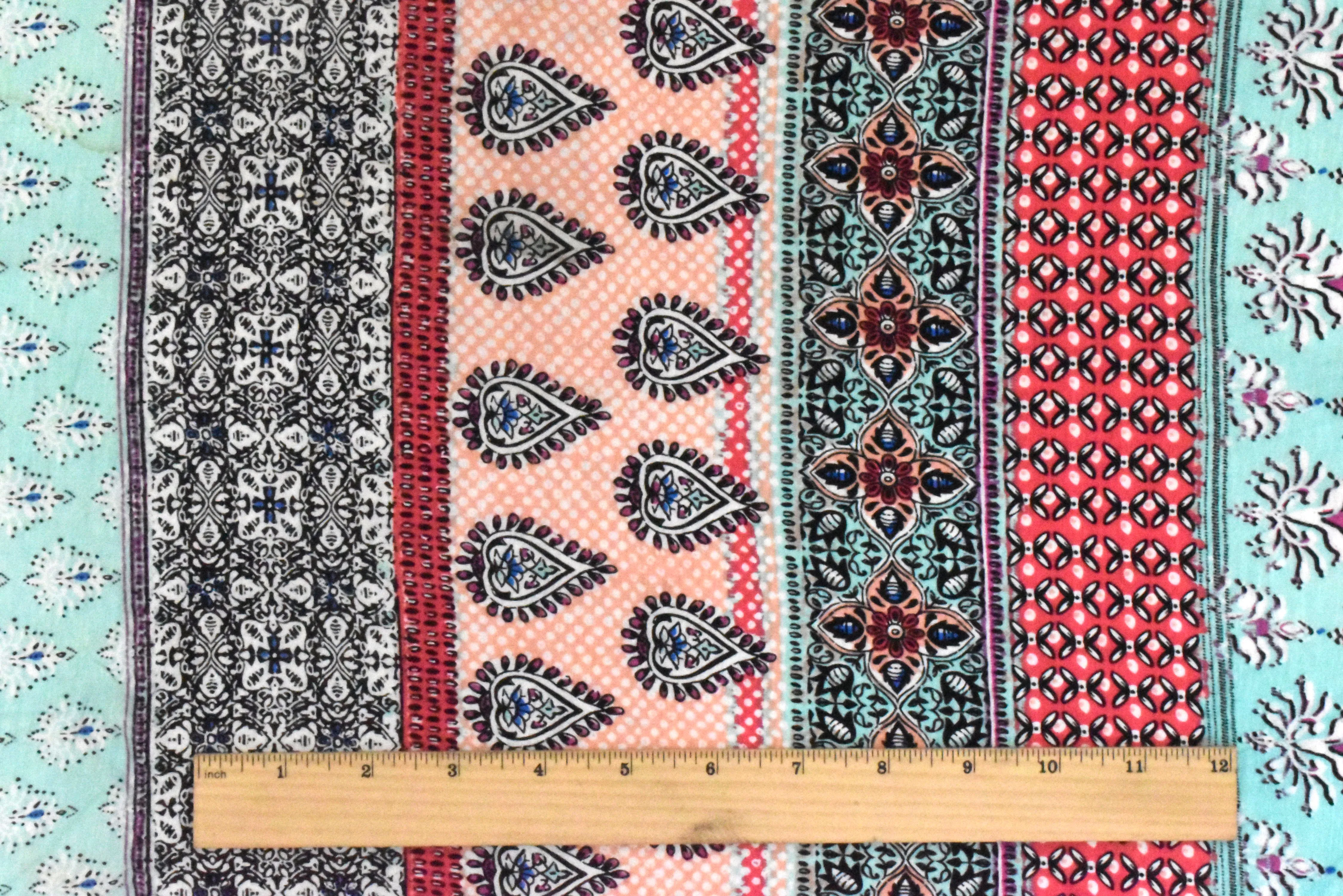 Teal-Red-Multi Moroccan Stripe Printed Rayon Stretch Jersey Knit Fabric