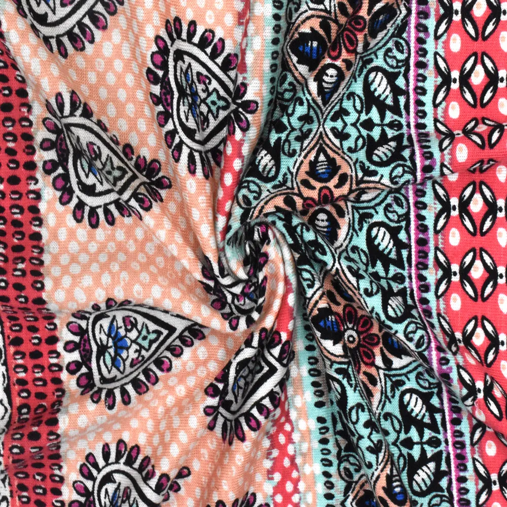 Teal-Red-Multi Moroccan Stripe Printed Rayon Stretch Jersey Knit Fabric