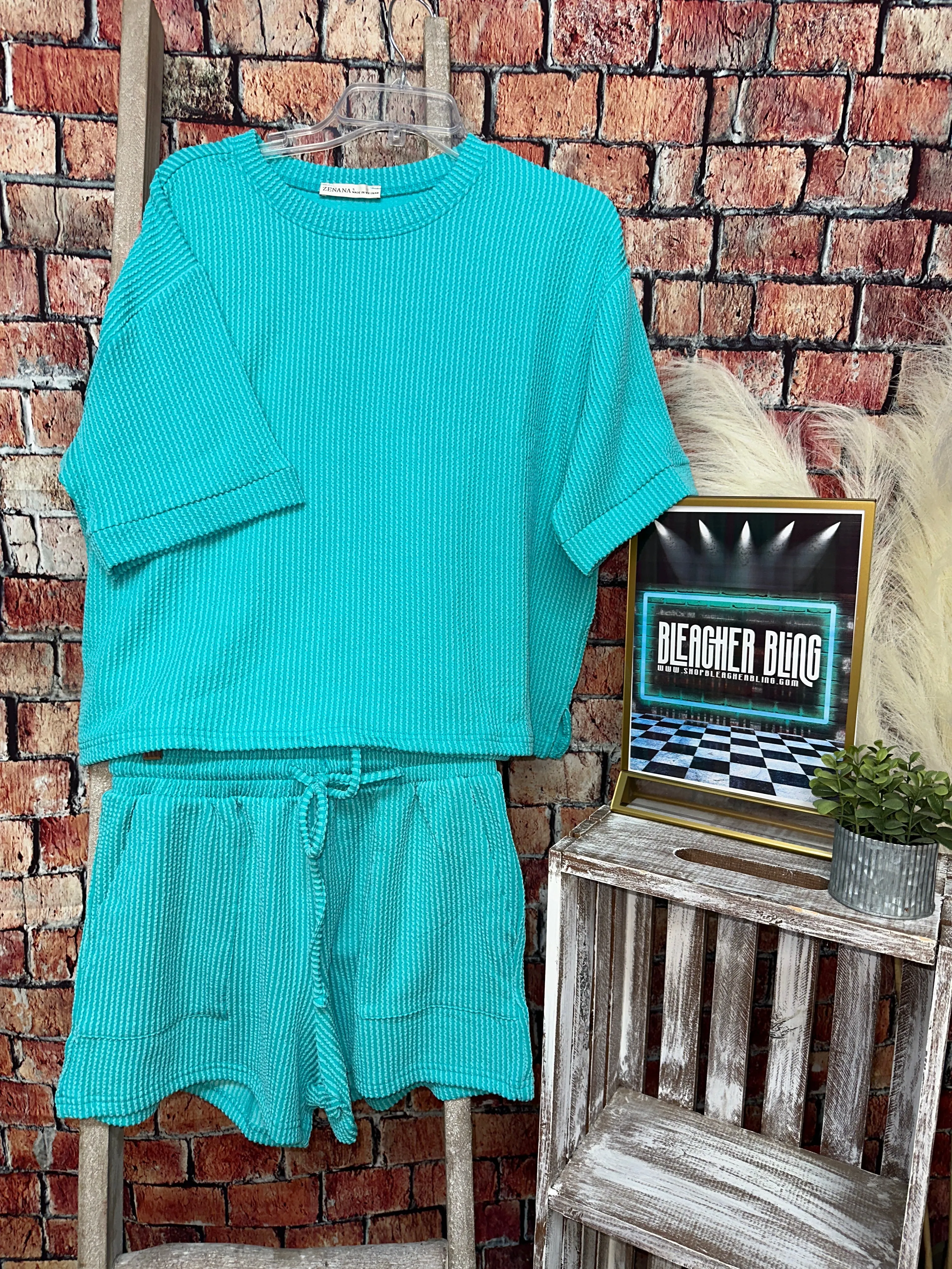Turquoise Corded Round Neck Short Set