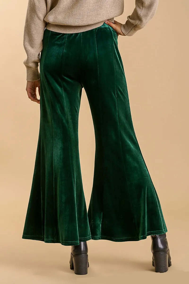 Umgee Flare Pants Velvet Dark Green High Rise Elastic Waist Cropped