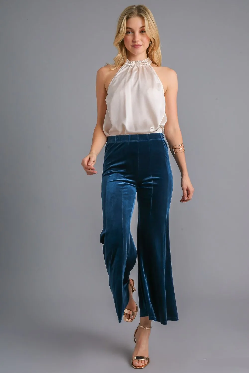 Umgee Flare Pants Velvet Peacock Blue High Rise Elastic Waist Cropped