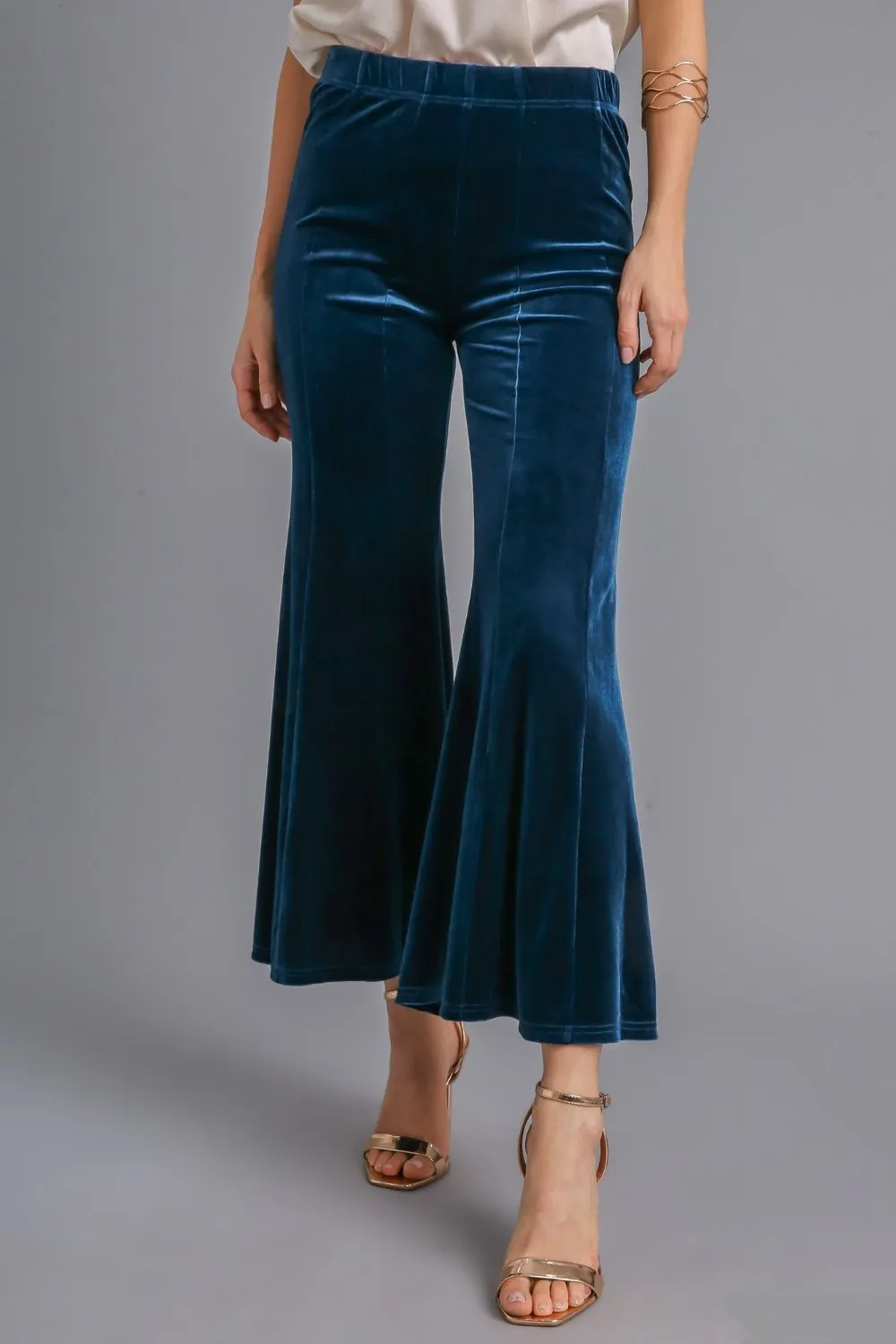 Umgee Flare Pants Velvet Peacock Blue High Rise Elastic Waist Cropped