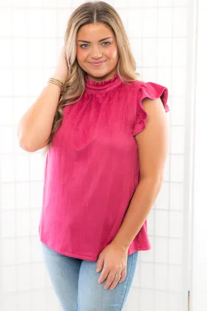 Vibrant Expression Fuchsia Suede Ruffle Sleeve Top