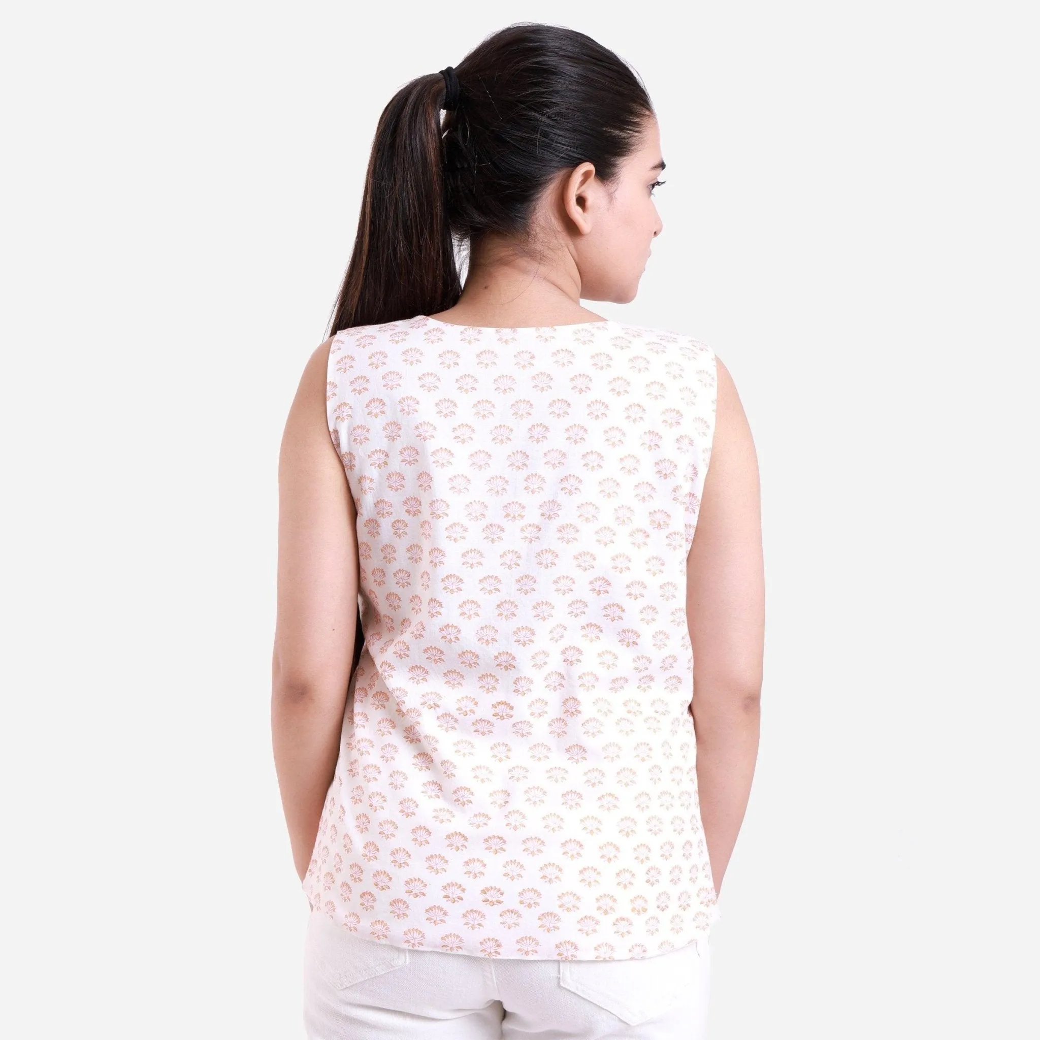 White Sanganeri Block Printed Cotton Sleeveless Wrap Top