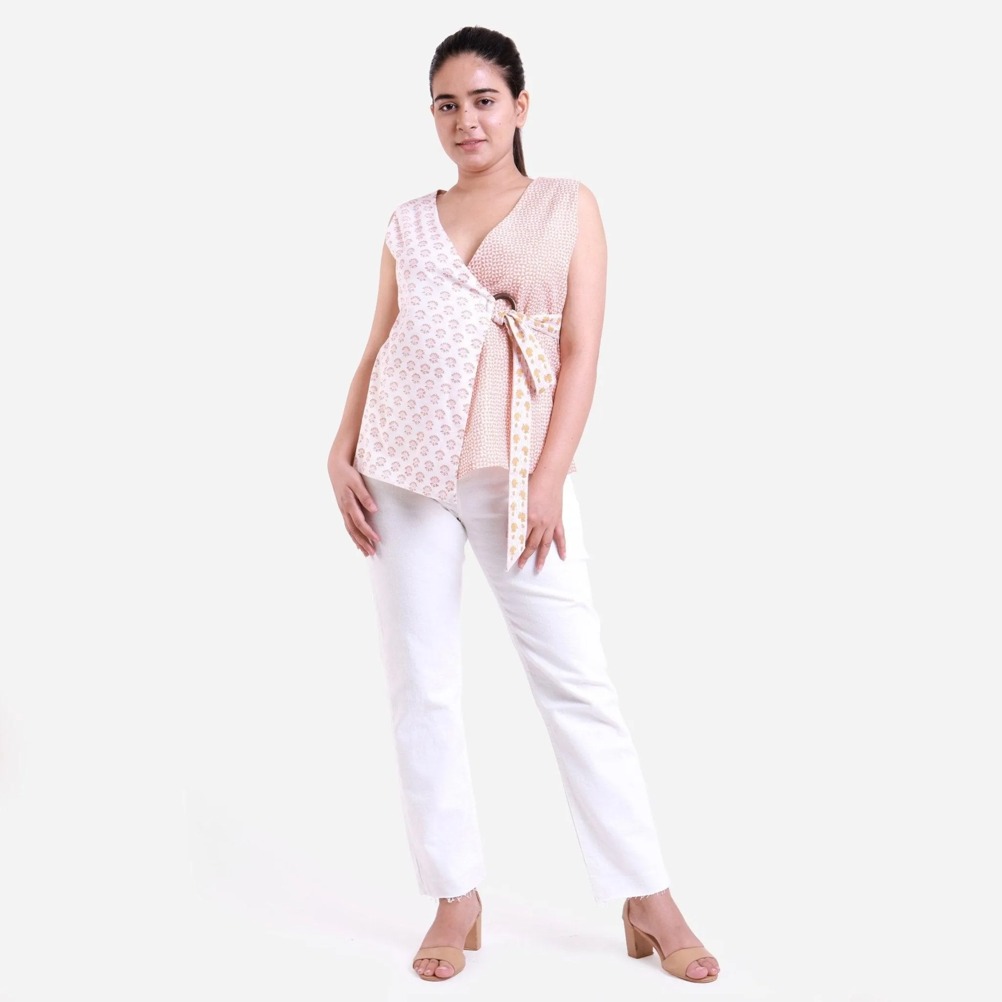 White Sanganeri Block Printed Cotton Sleeveless Wrap Top