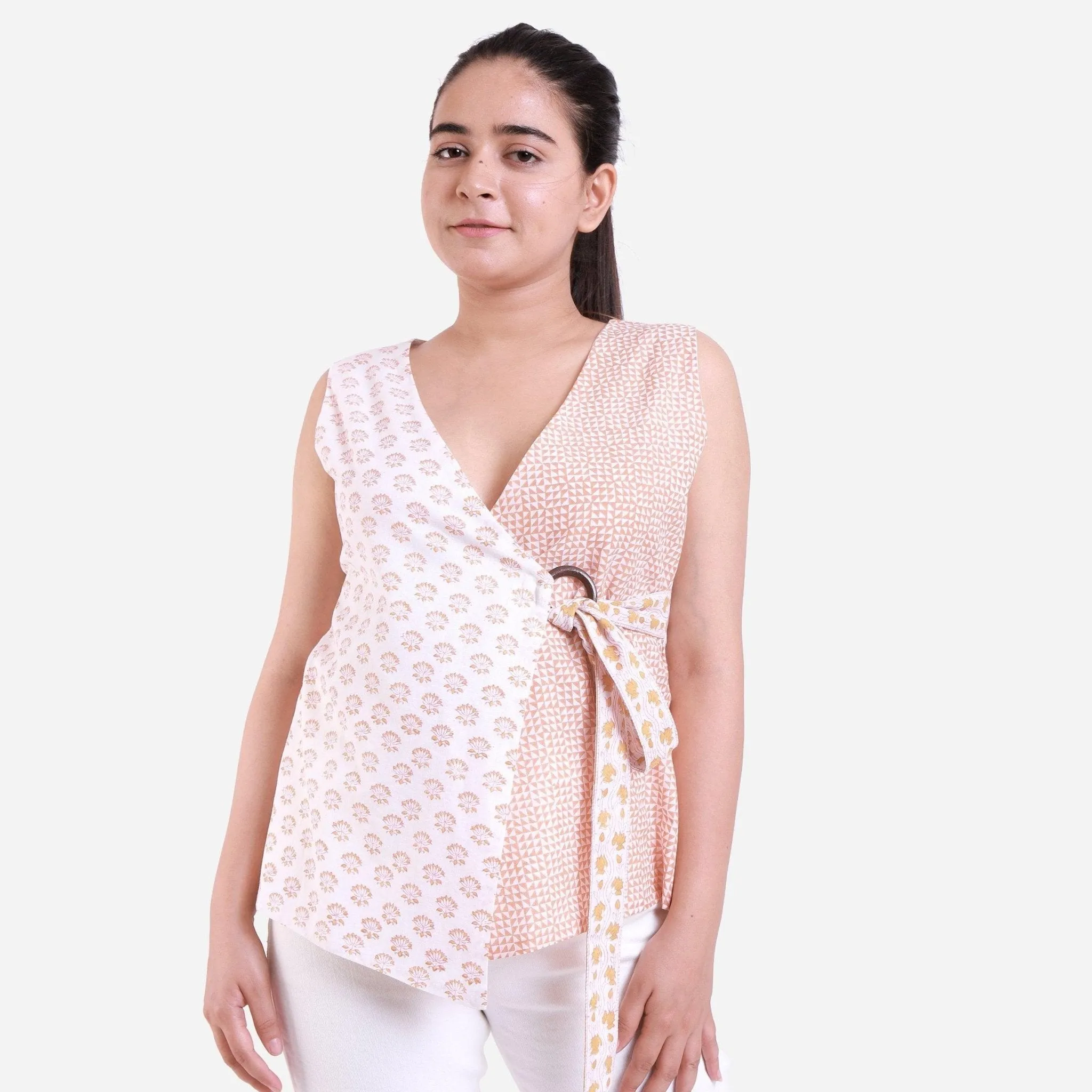 White Sanganeri Block Printed Cotton Sleeveless Wrap Top