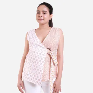 White Sanganeri Block Printed Cotton Sleeveless Wrap Top