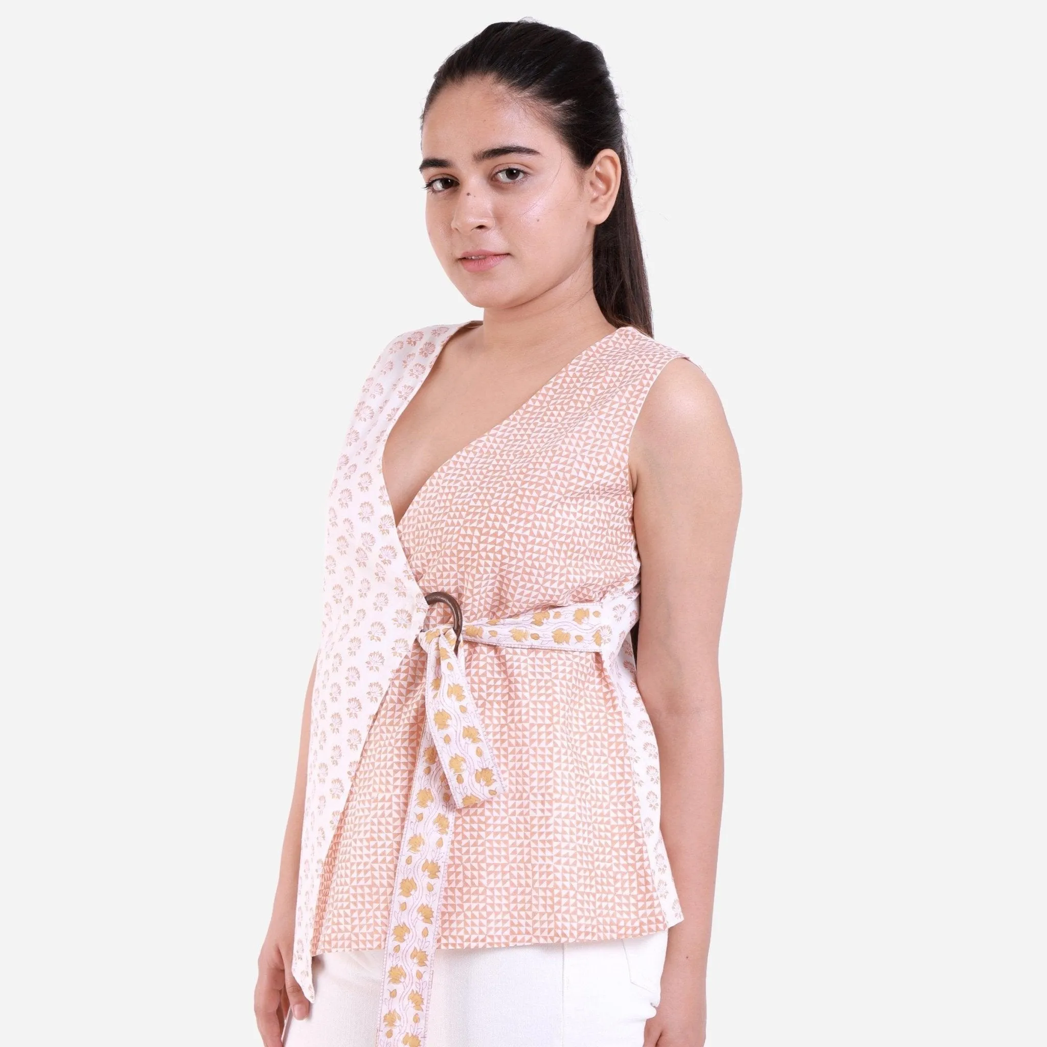 White Sanganeri Block Printed Cotton Sleeveless Wrap Top
